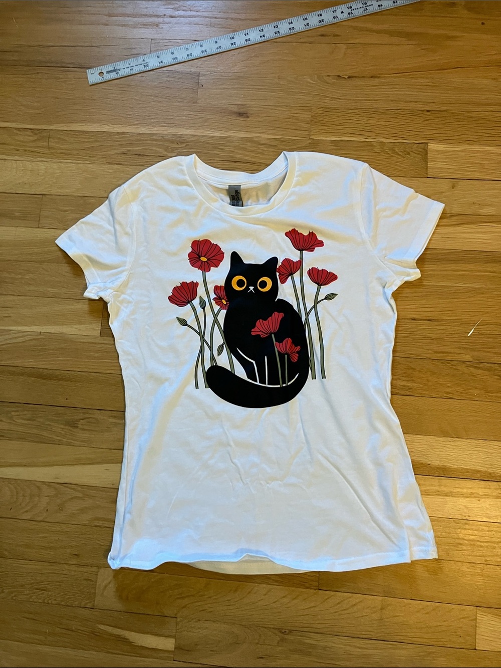 White Tee with Black Cat and Red Flowers